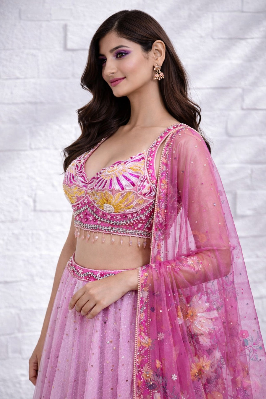 Pink Floral Printed Lehenga Set