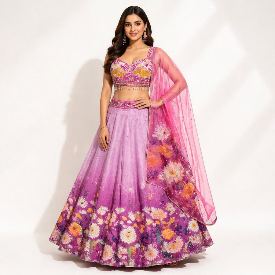 Pink Floral Printed Lehenga Set