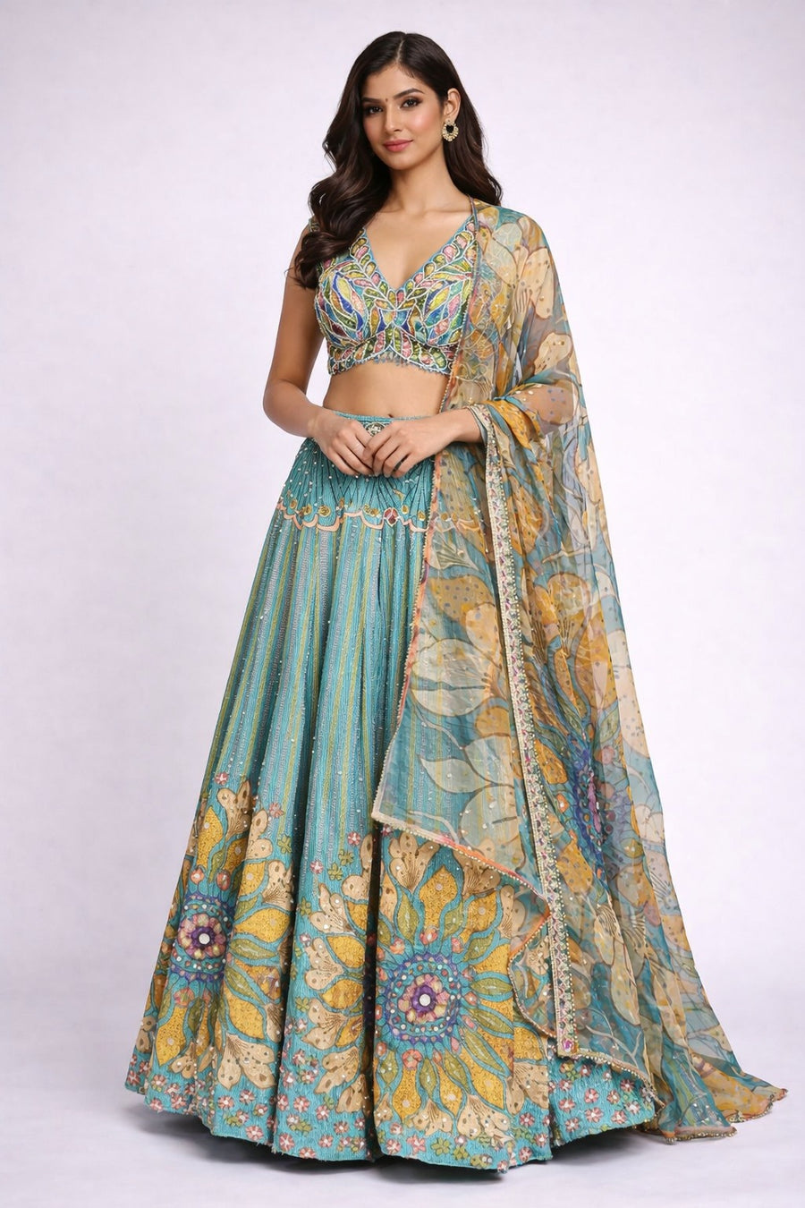 Teal Floral Printed Lehenga Set 