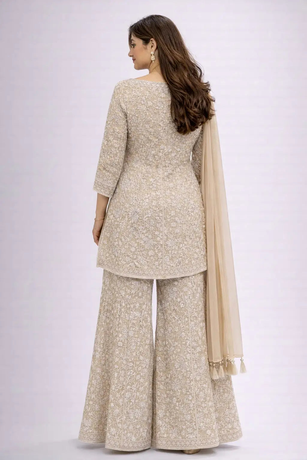 beige embroidered outfit sharara sets