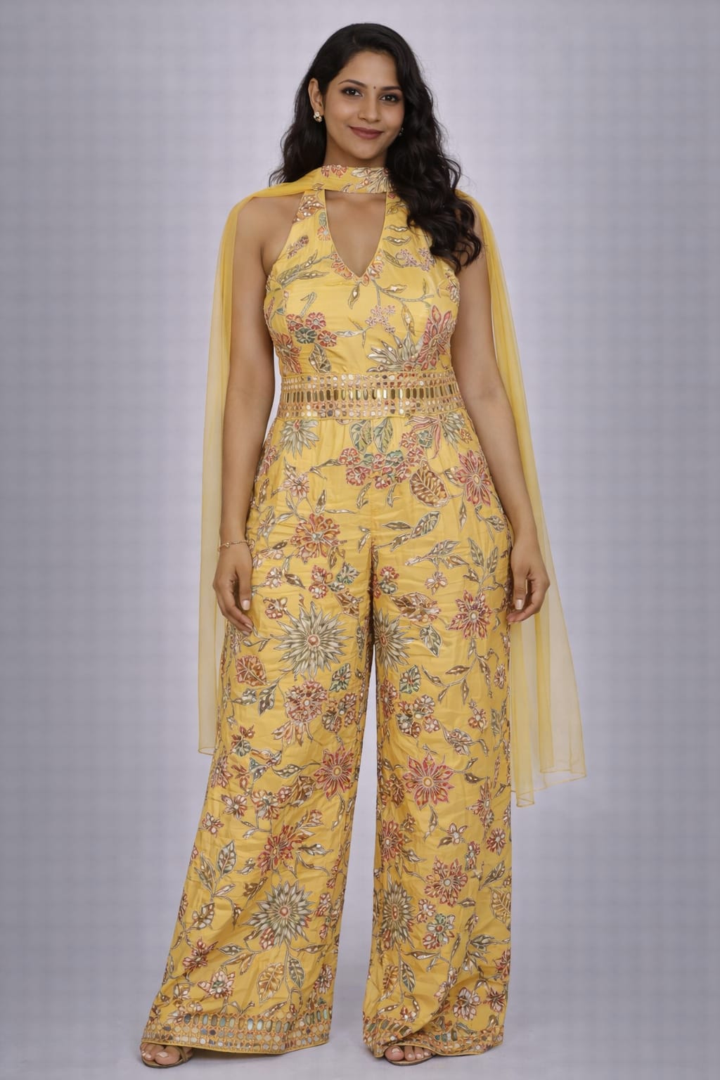 Yellow Floral Printed Halter Neck Jumpsuit