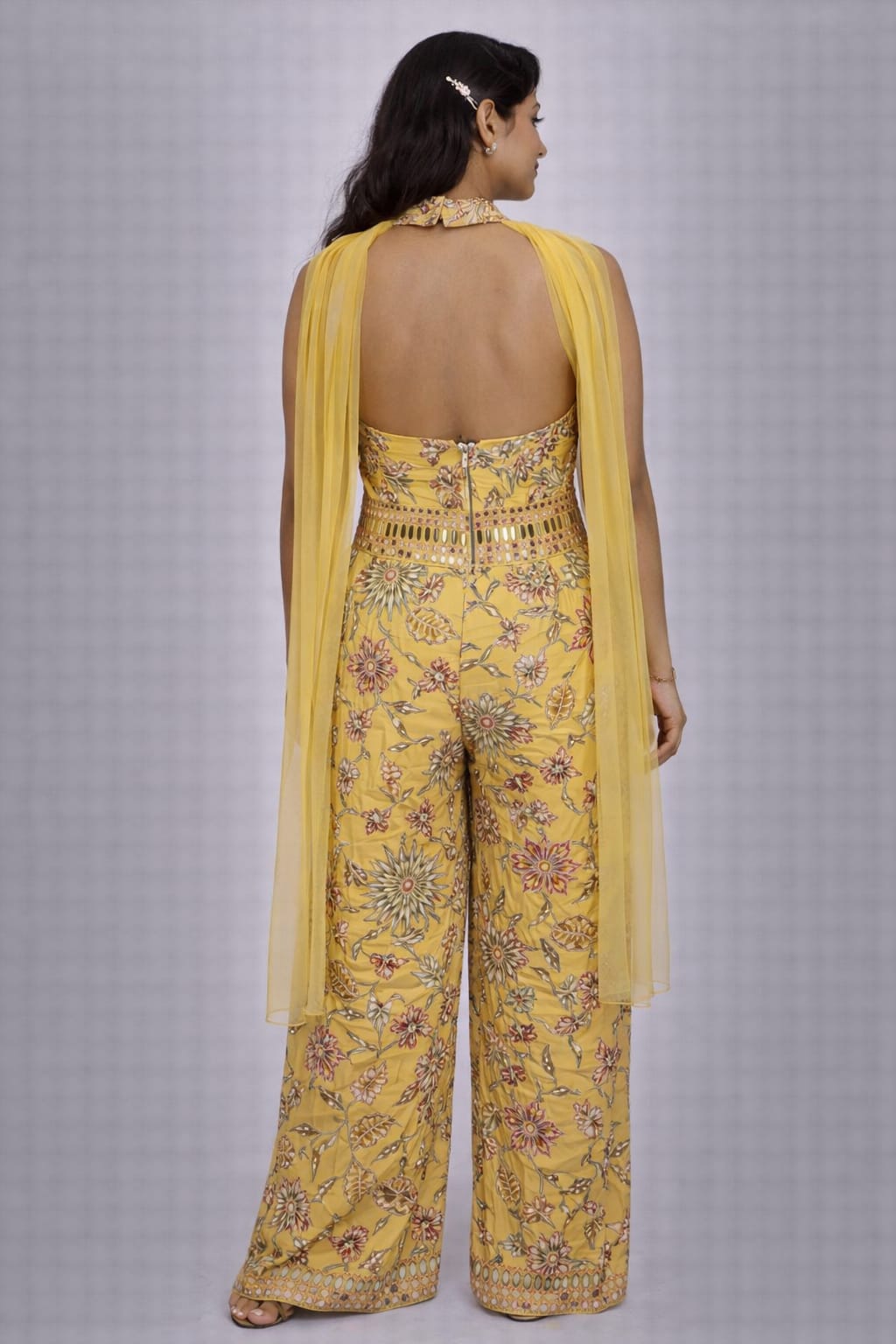 Yellow Floral Printed Halter Neck Jumpsuit