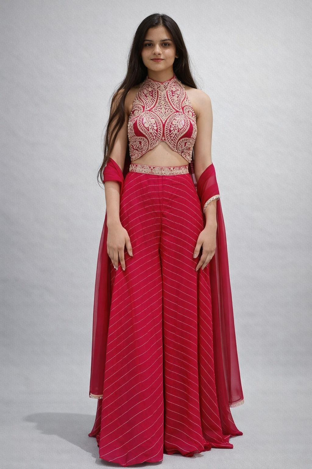 Embroidered Crop Top Sharara Set with Dupatta