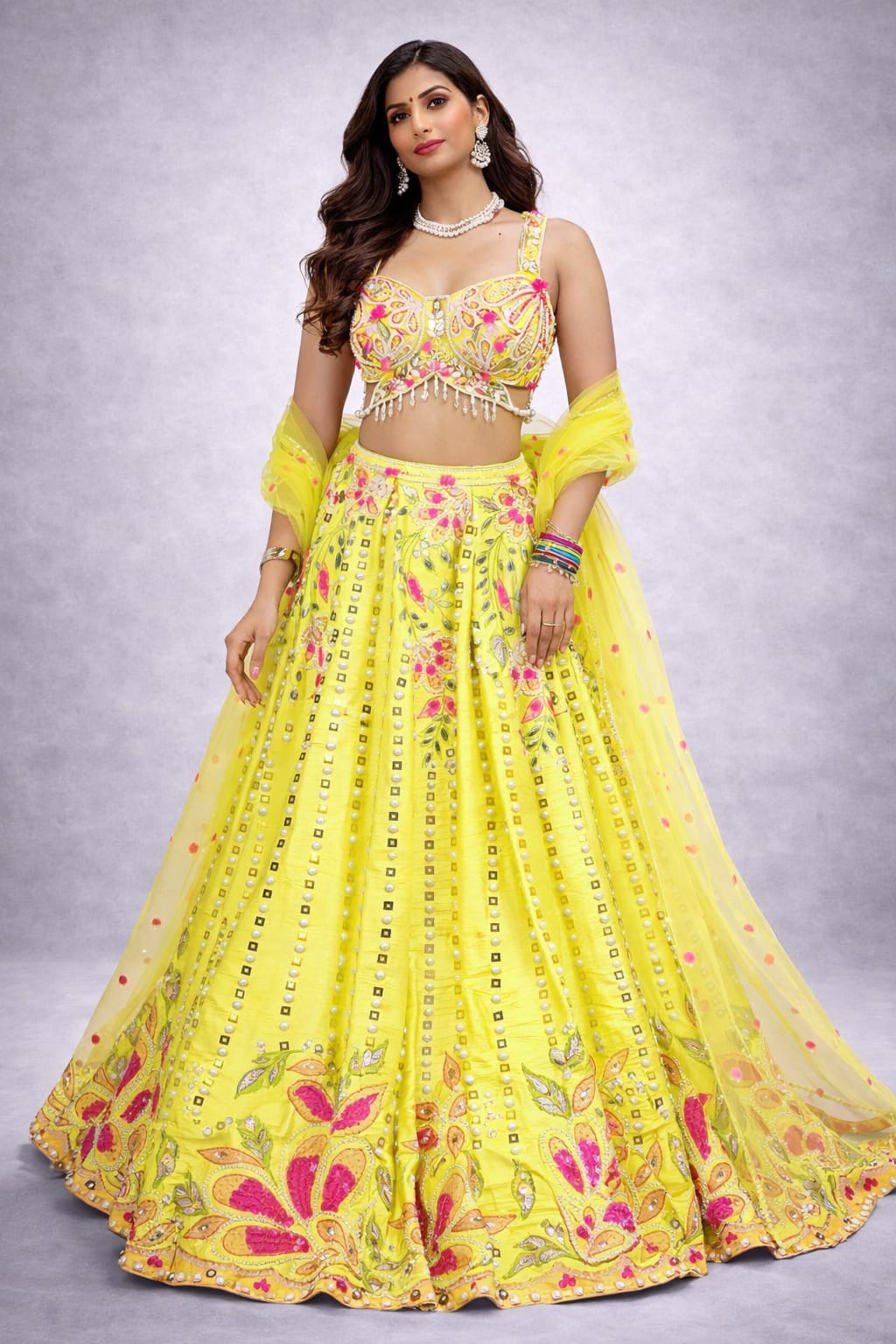 bright yellow embroidered lehenga