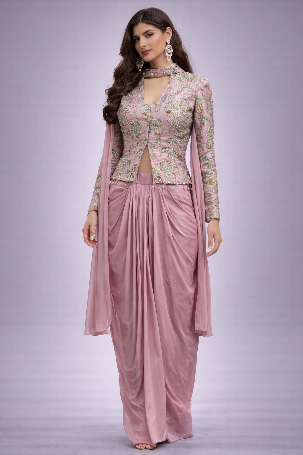 Pink Dhoti Set with Embroidered Jacket & Dupatta