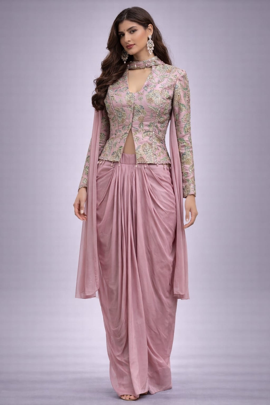 Pink Dhoti Set with Embroidered Jacket & Dupatta
