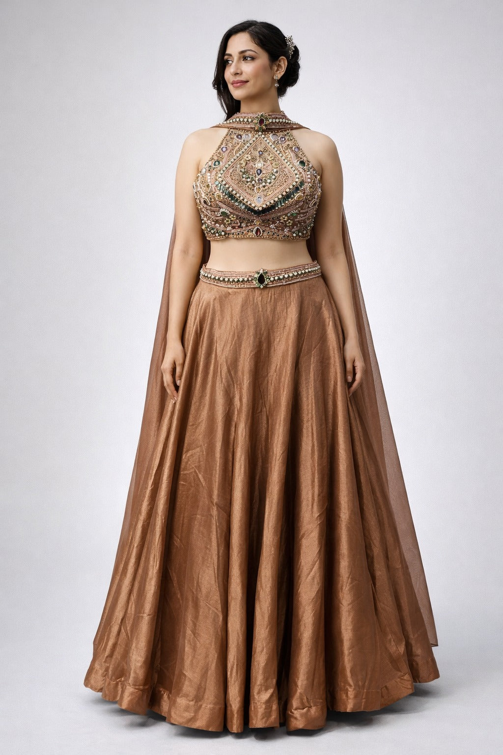 brown lehenga set with cape dupatta