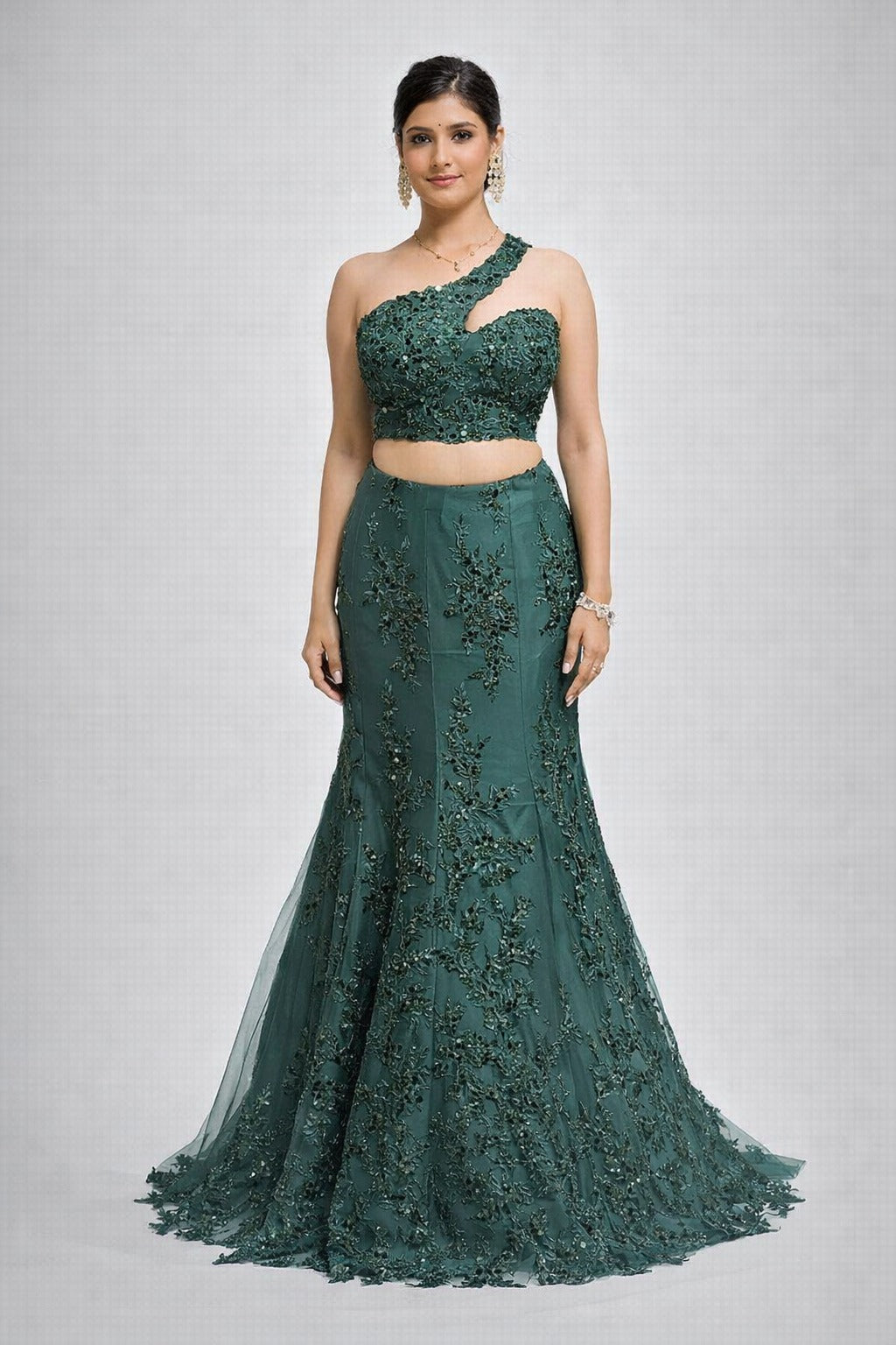 Bottle Green one shoulder lehenga set