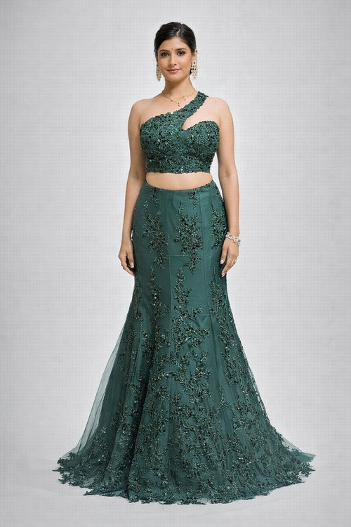 Bottle Green one shoulder lehenga set