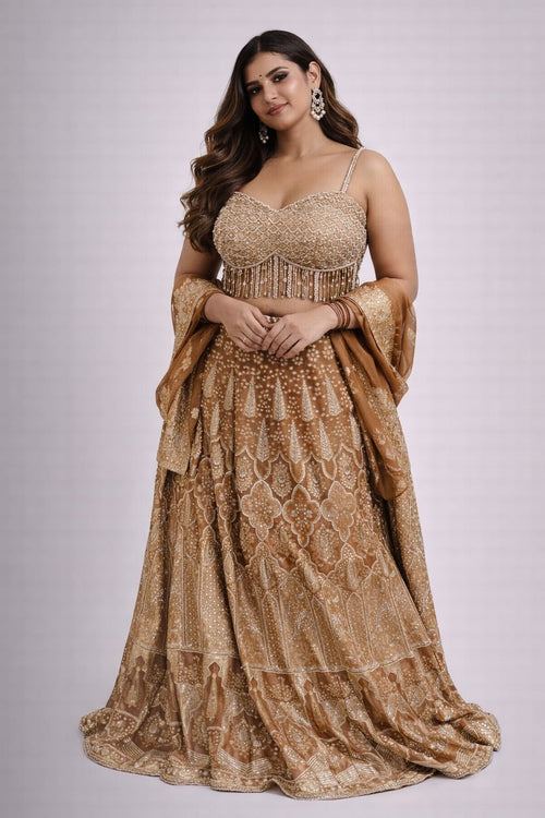 brown printed lehenga set