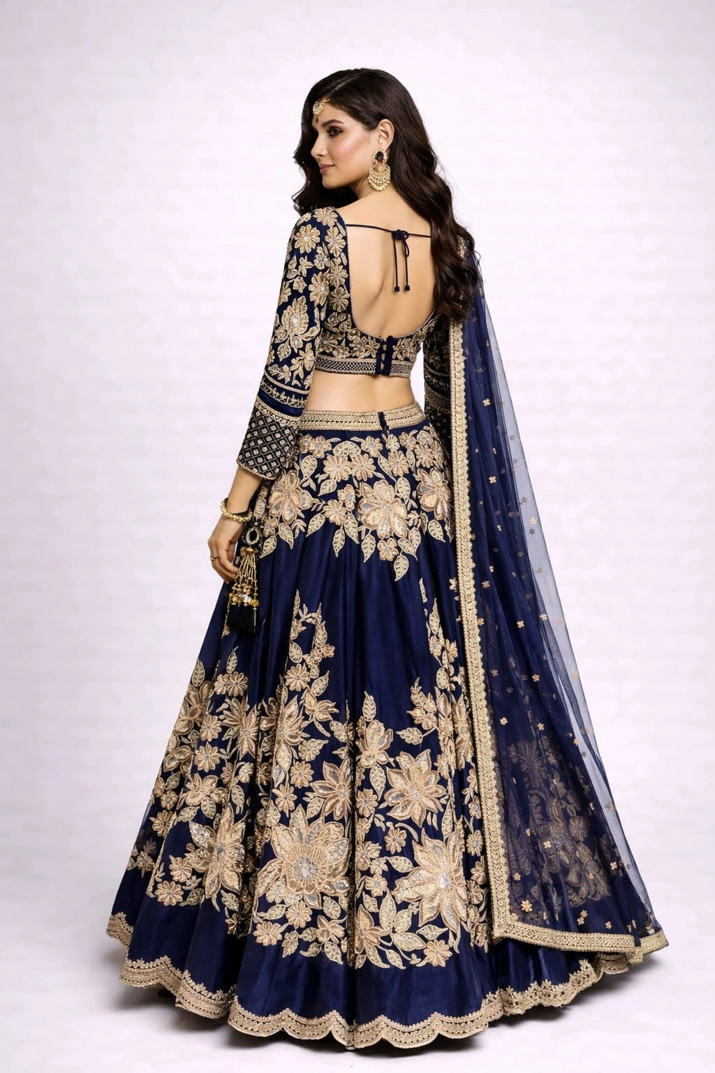 Navy blue and gold embroidered lehenga