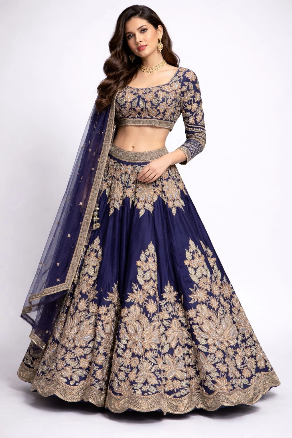 Navy blue and gold embroidered lehenga