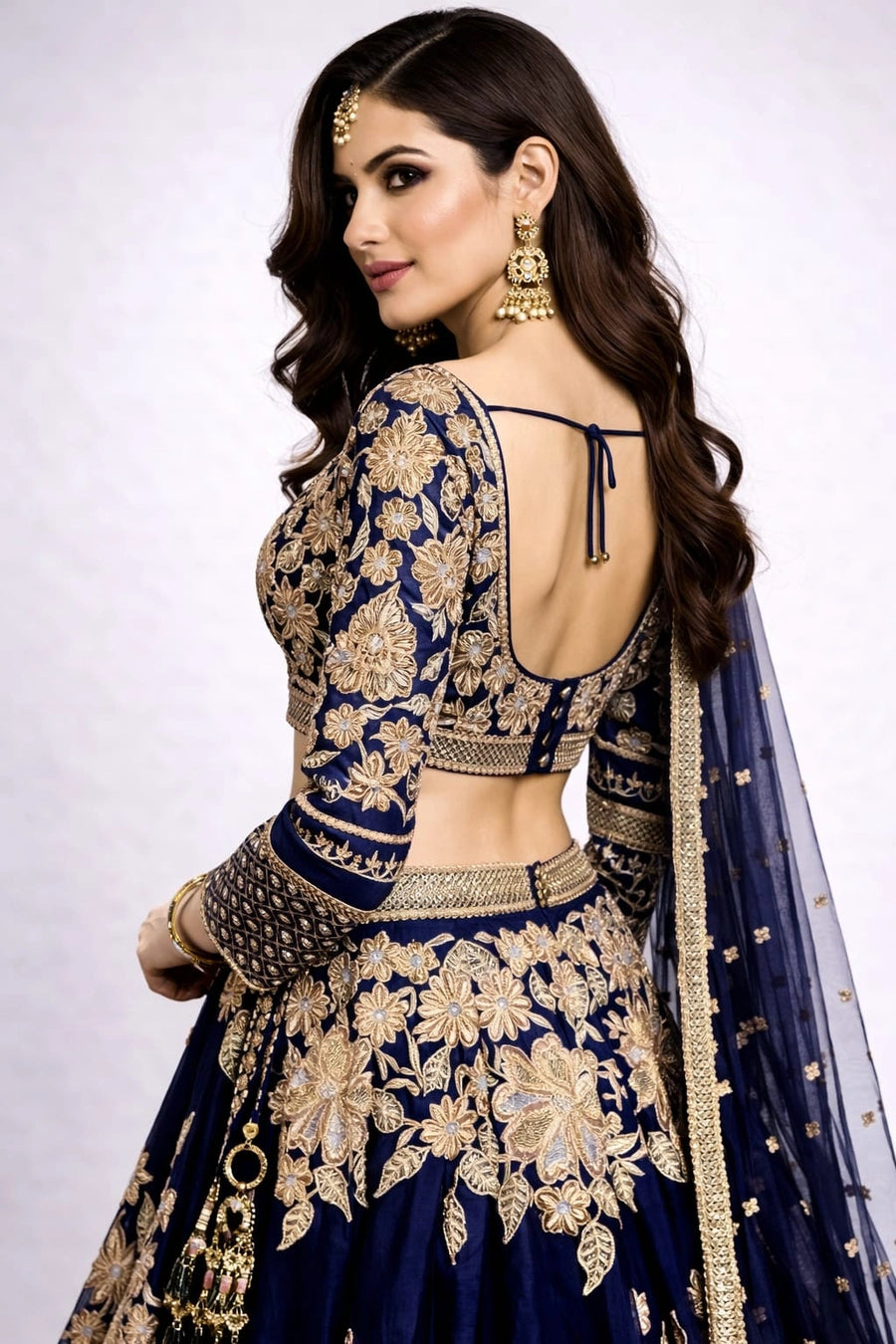 Navy blue and gold embroidered lehenga