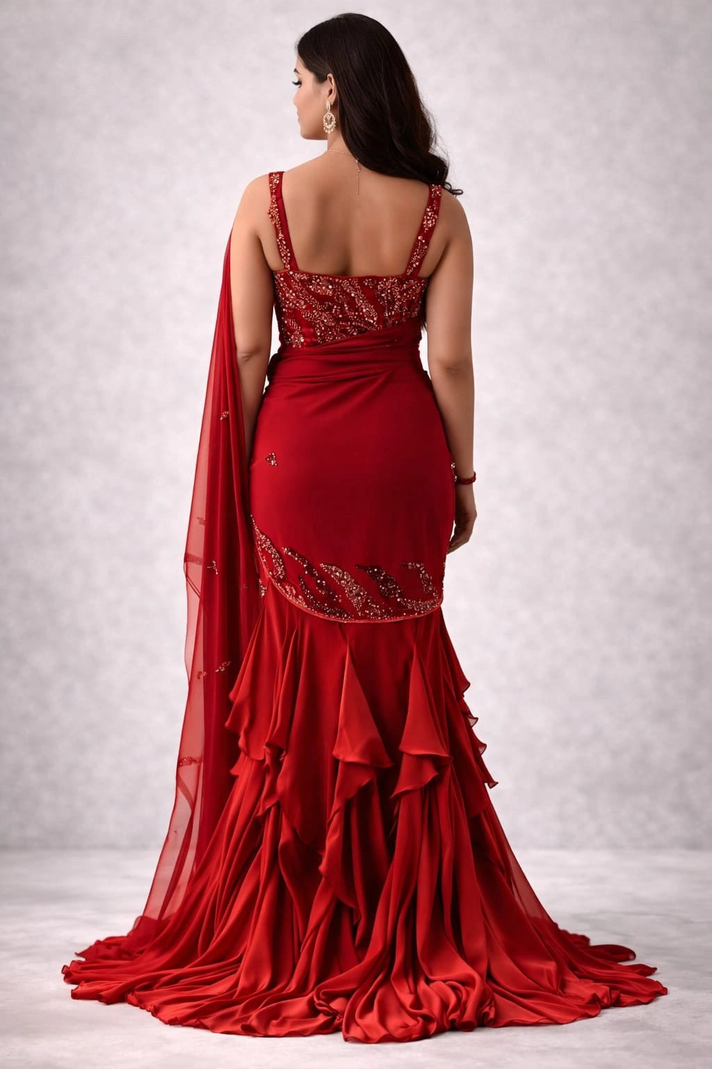 red drape lehenga