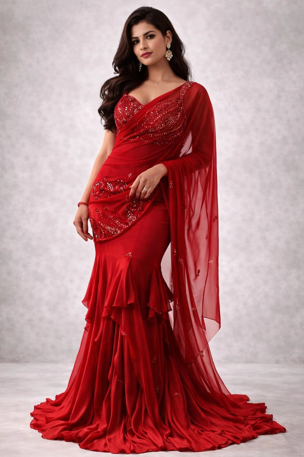 red drape lehenga