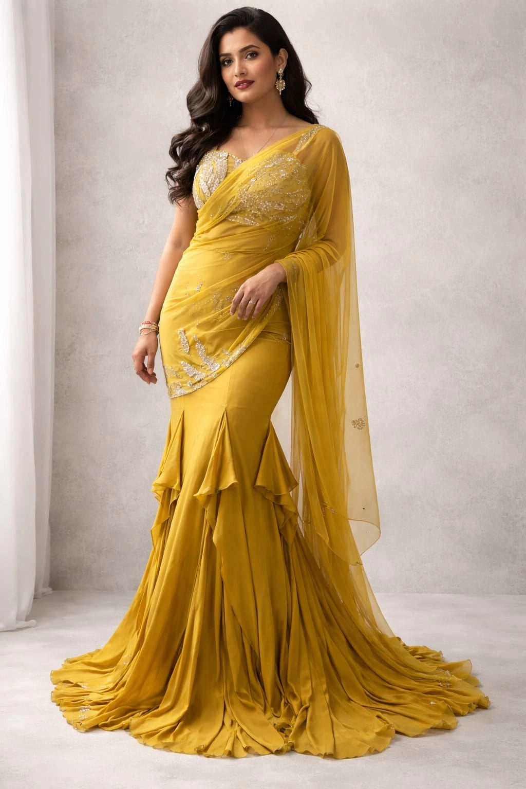 yellow drape lehenga