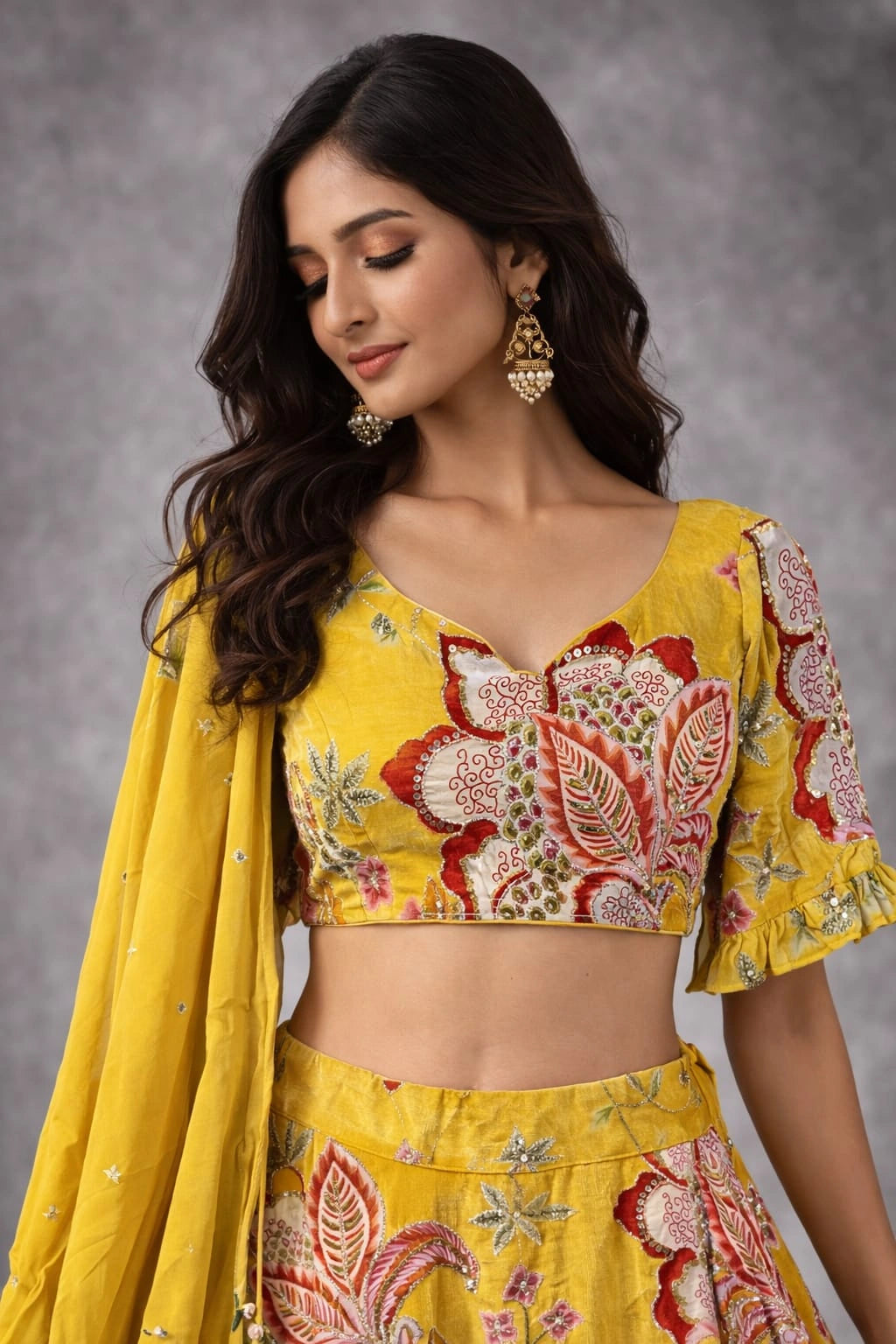 yellow floral lehenga