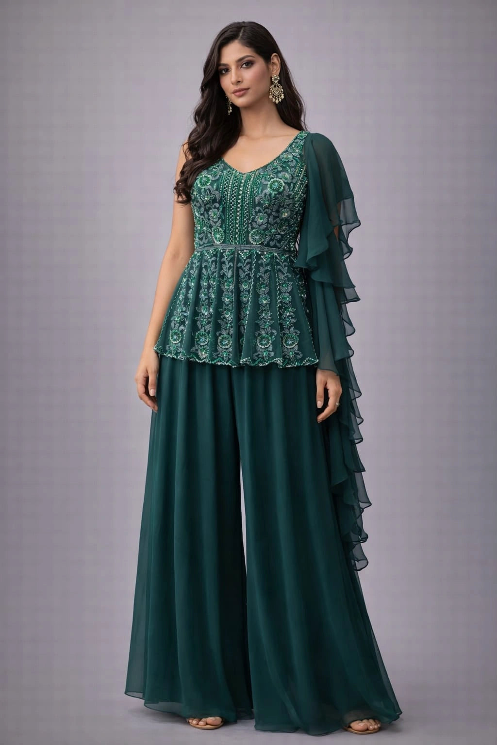 Green embroidered sharara set