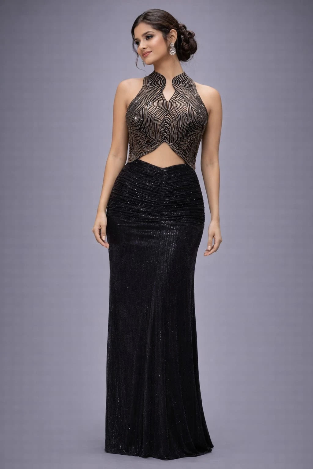 Black Sequin Western Gown with Metallic Embellished Halter Neck Bodice Black / L