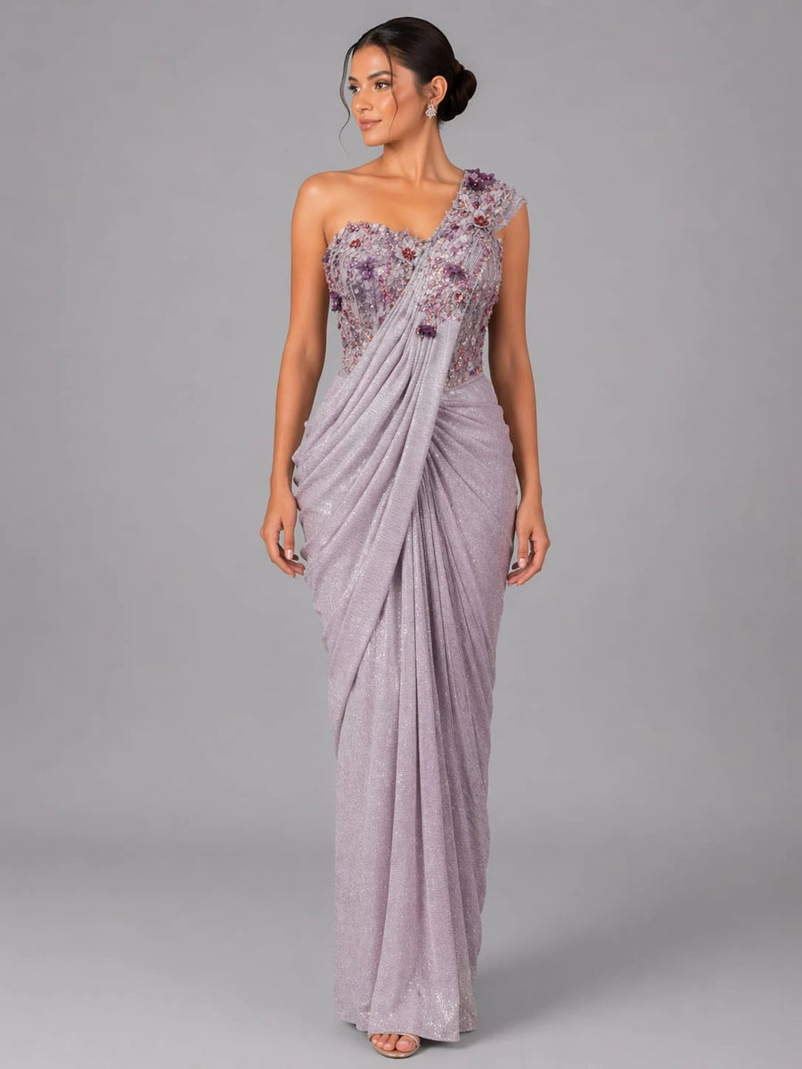 mauve drape style saree