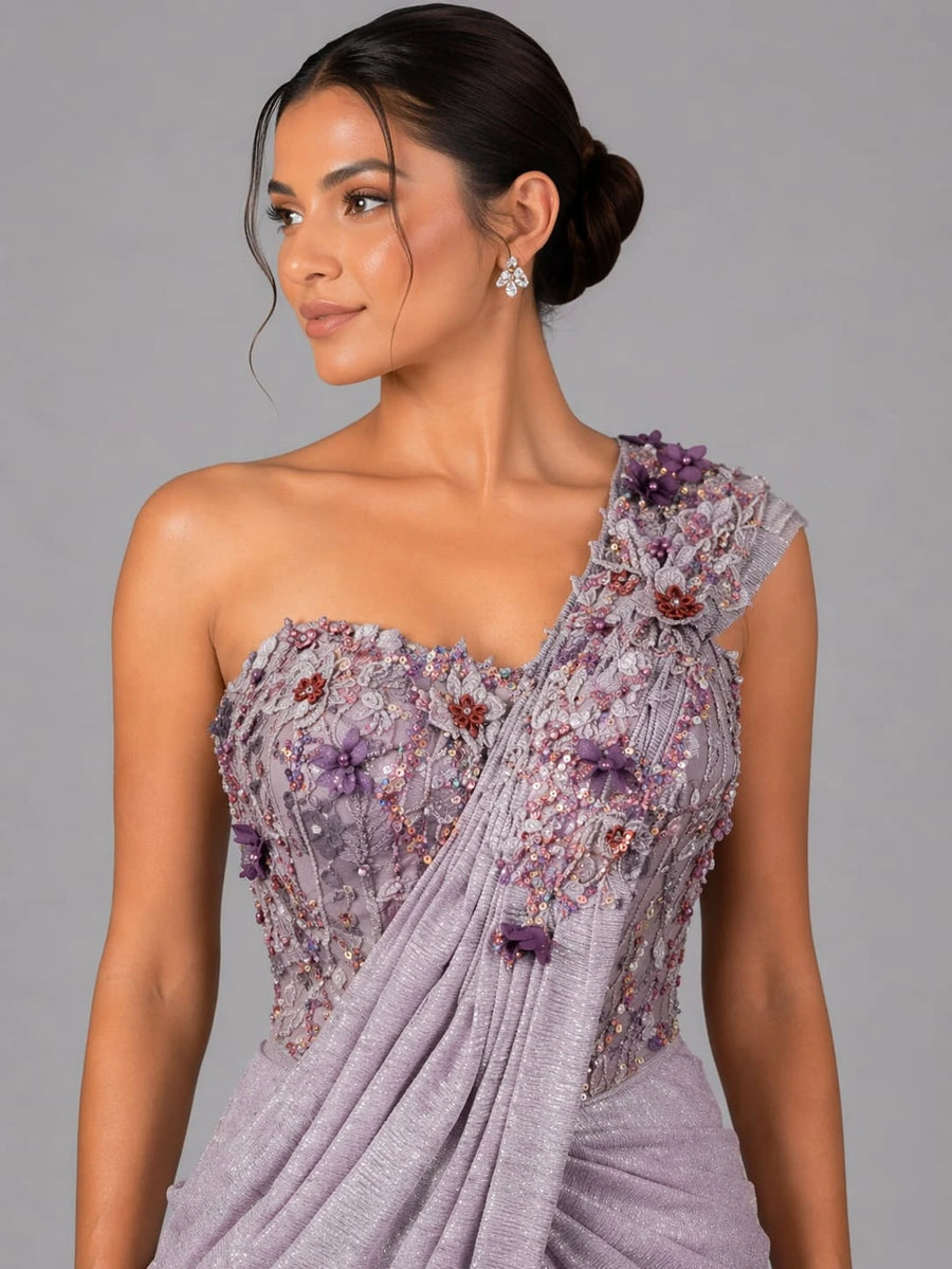 mauve drape style saree