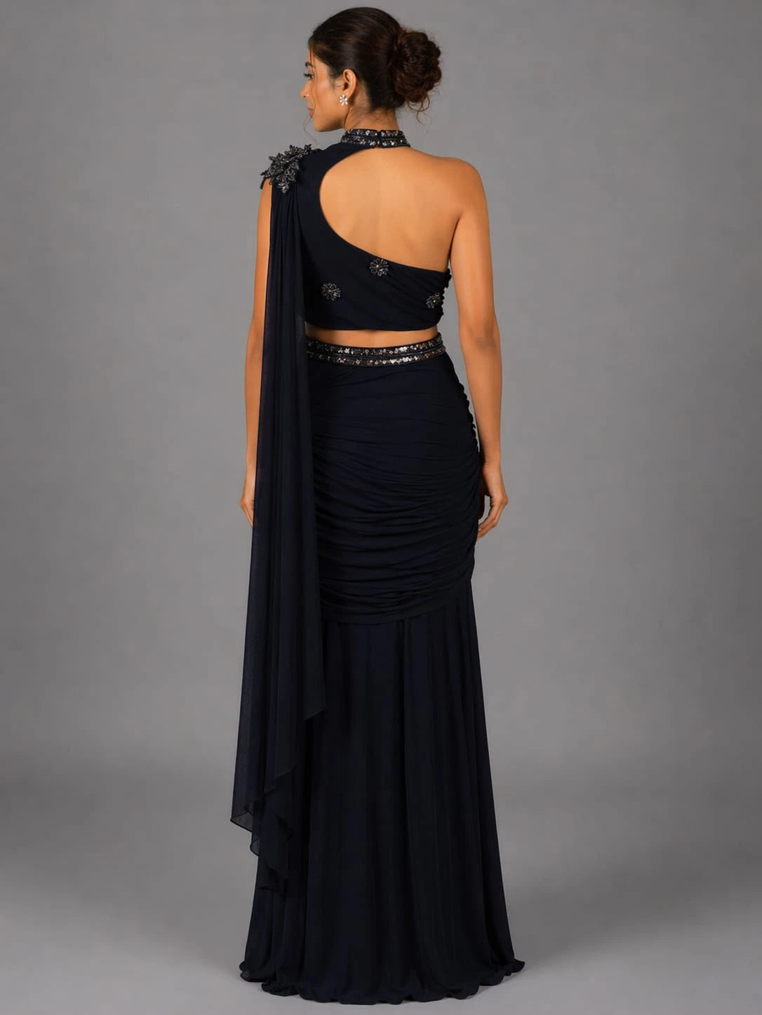 navy blue drape style saree
