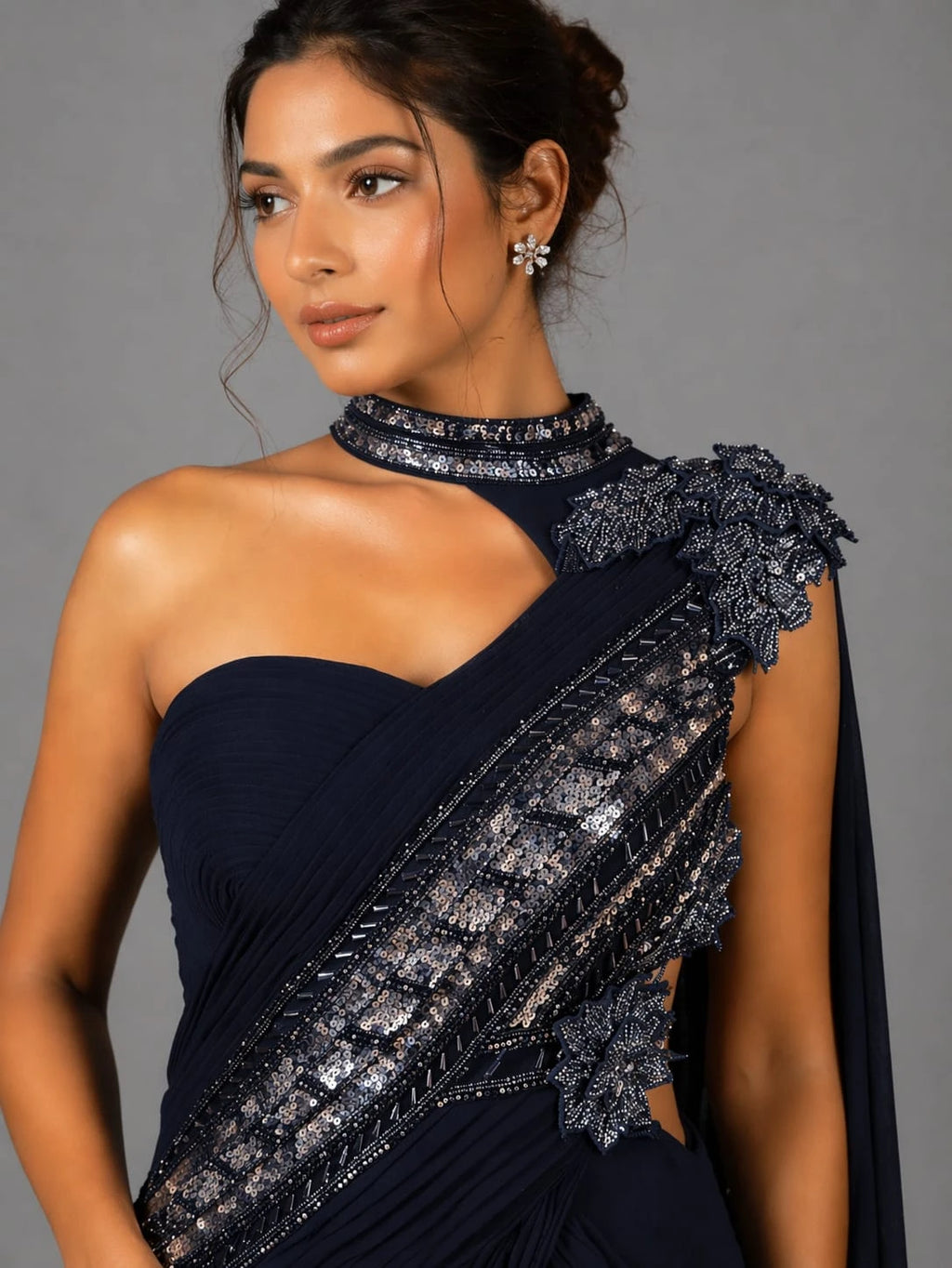 navy blue drape style saree