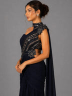 navy blue drape style saree