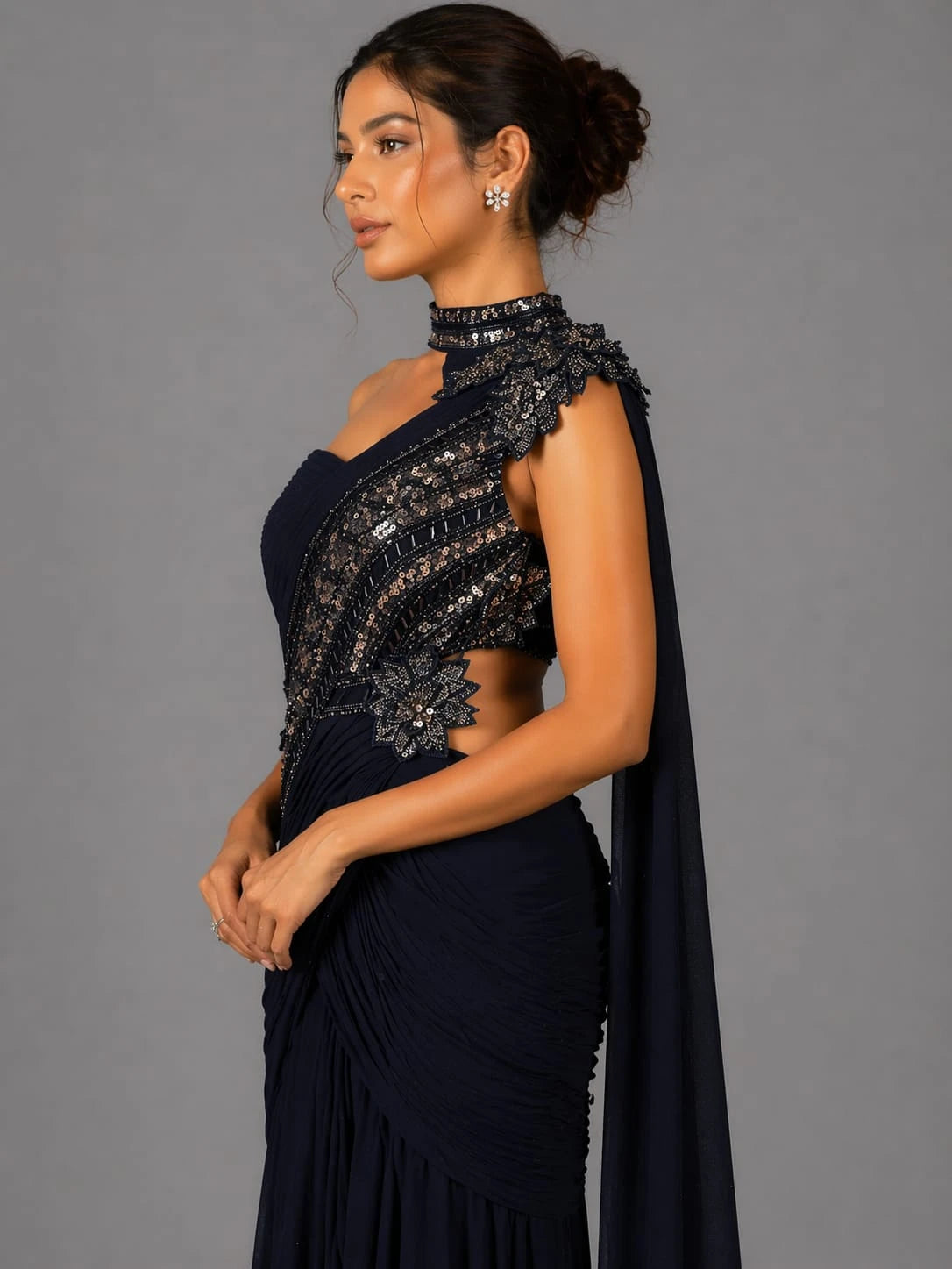 navy blue drape style saree