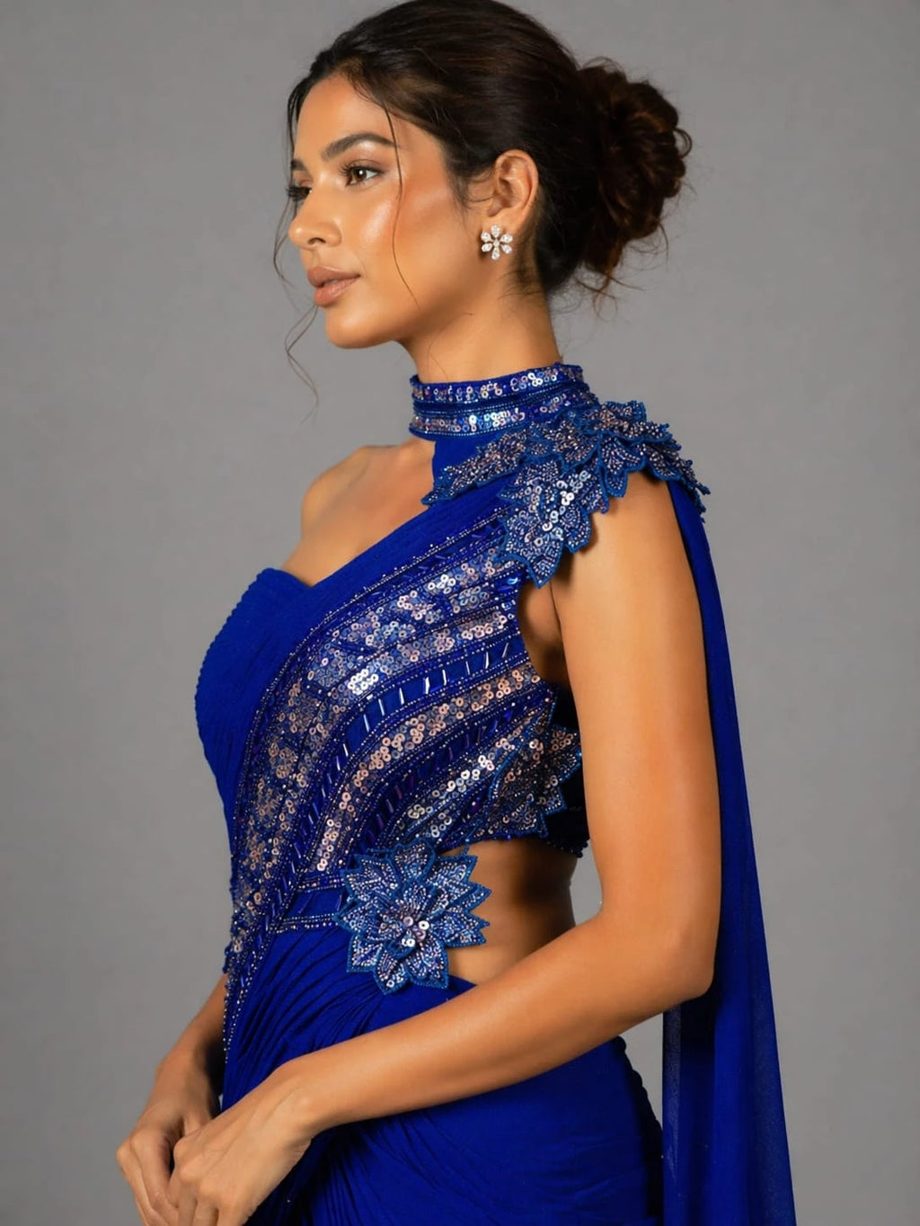 blue drape style saree