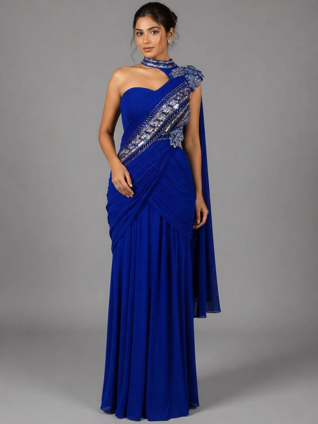 blue drape style saree