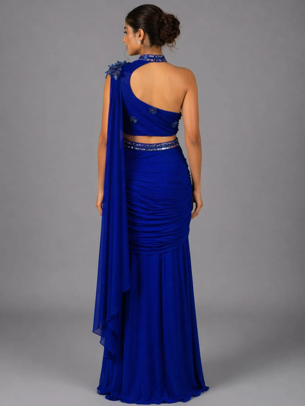 blue drape style saree