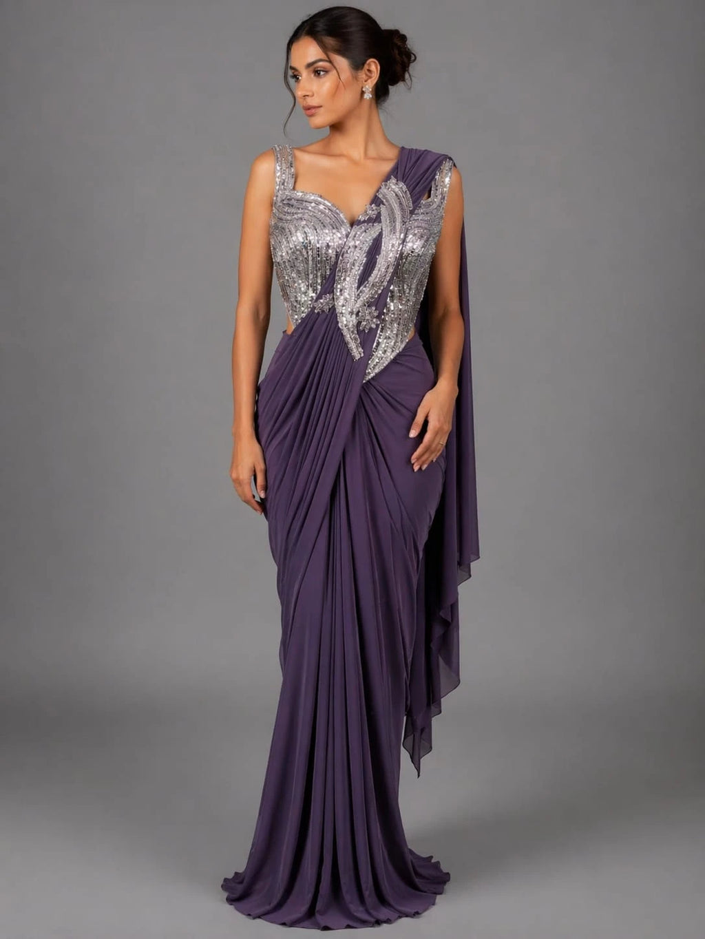 mauve drape style saree