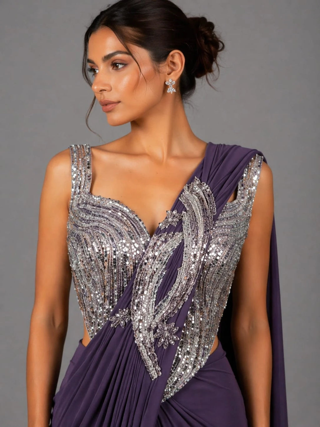mauve drape style saree
