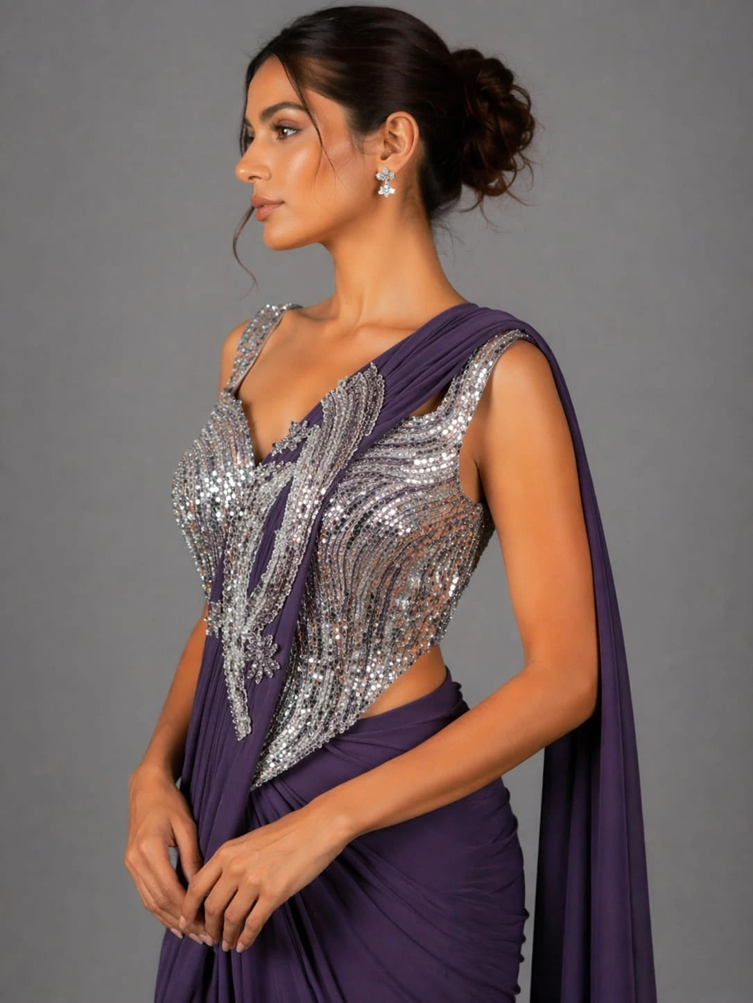 mauve drape style saree