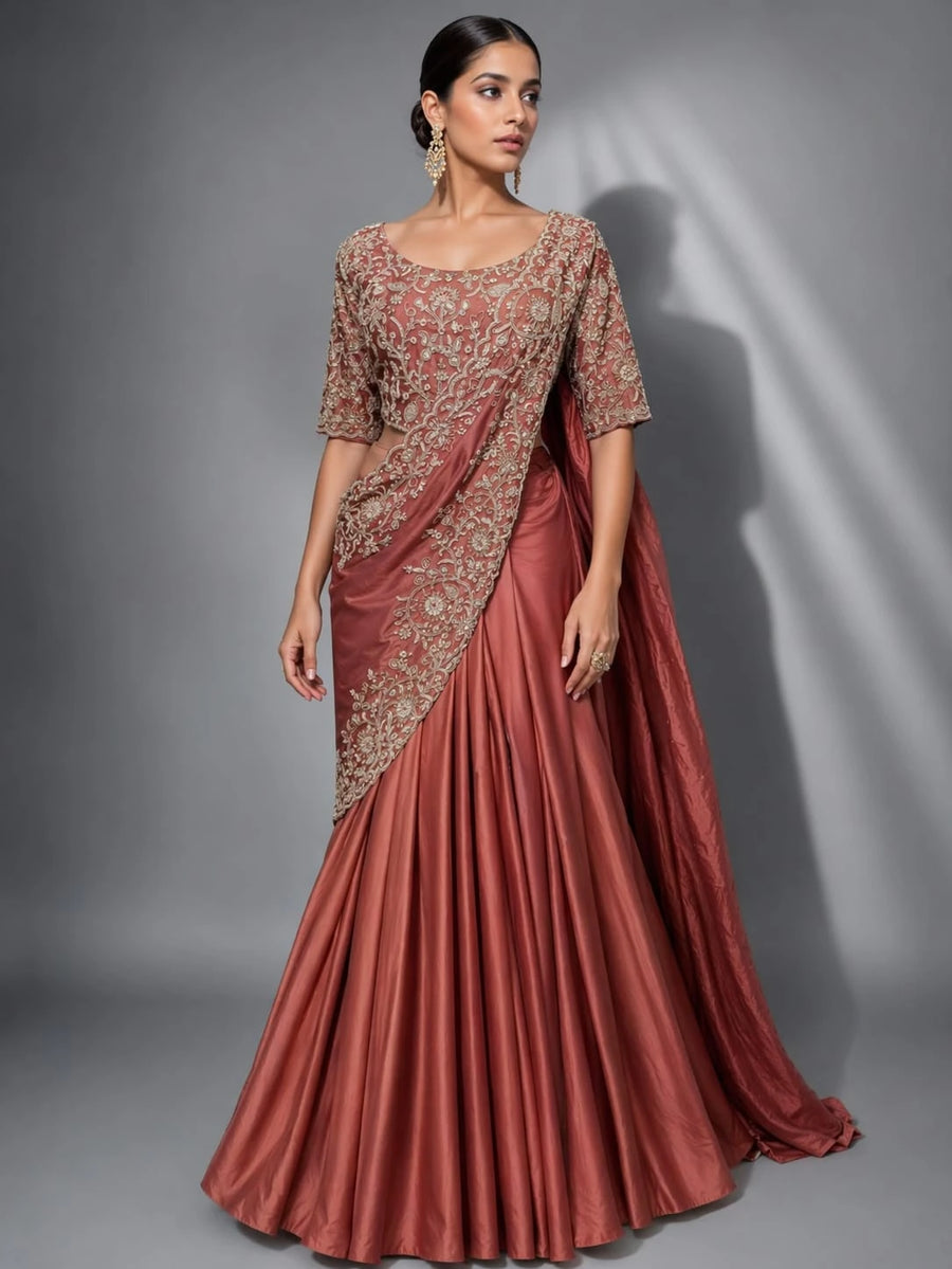 rust drape lehenga