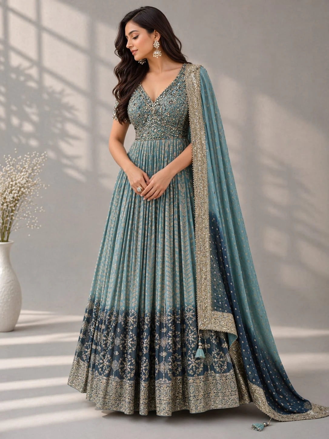 blue embellished anarkali suit