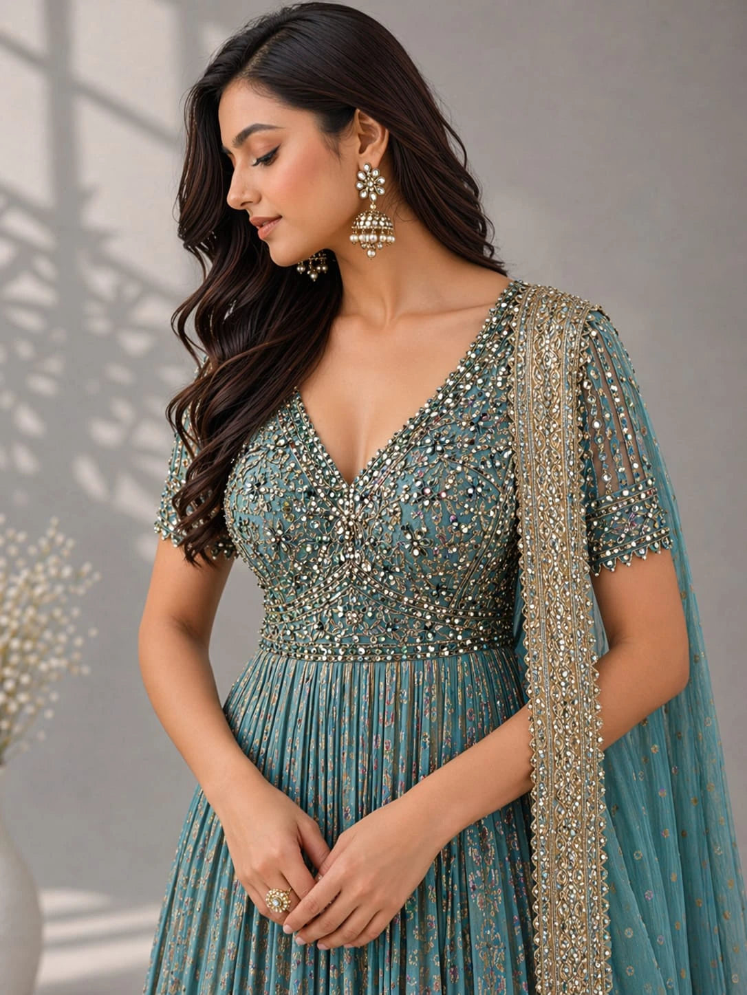 blue embellished anarkali suit