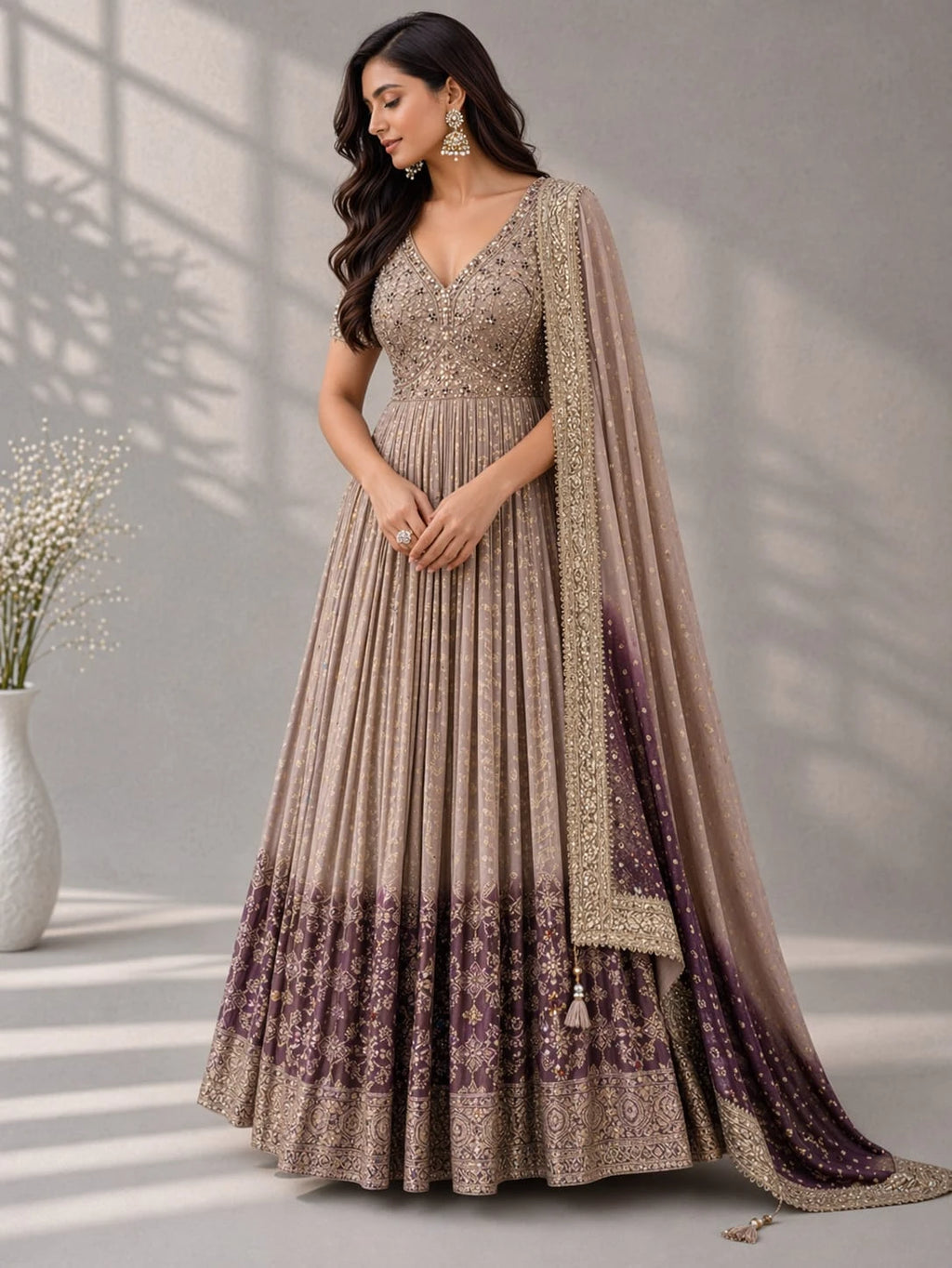 peach embellished anarkali suit