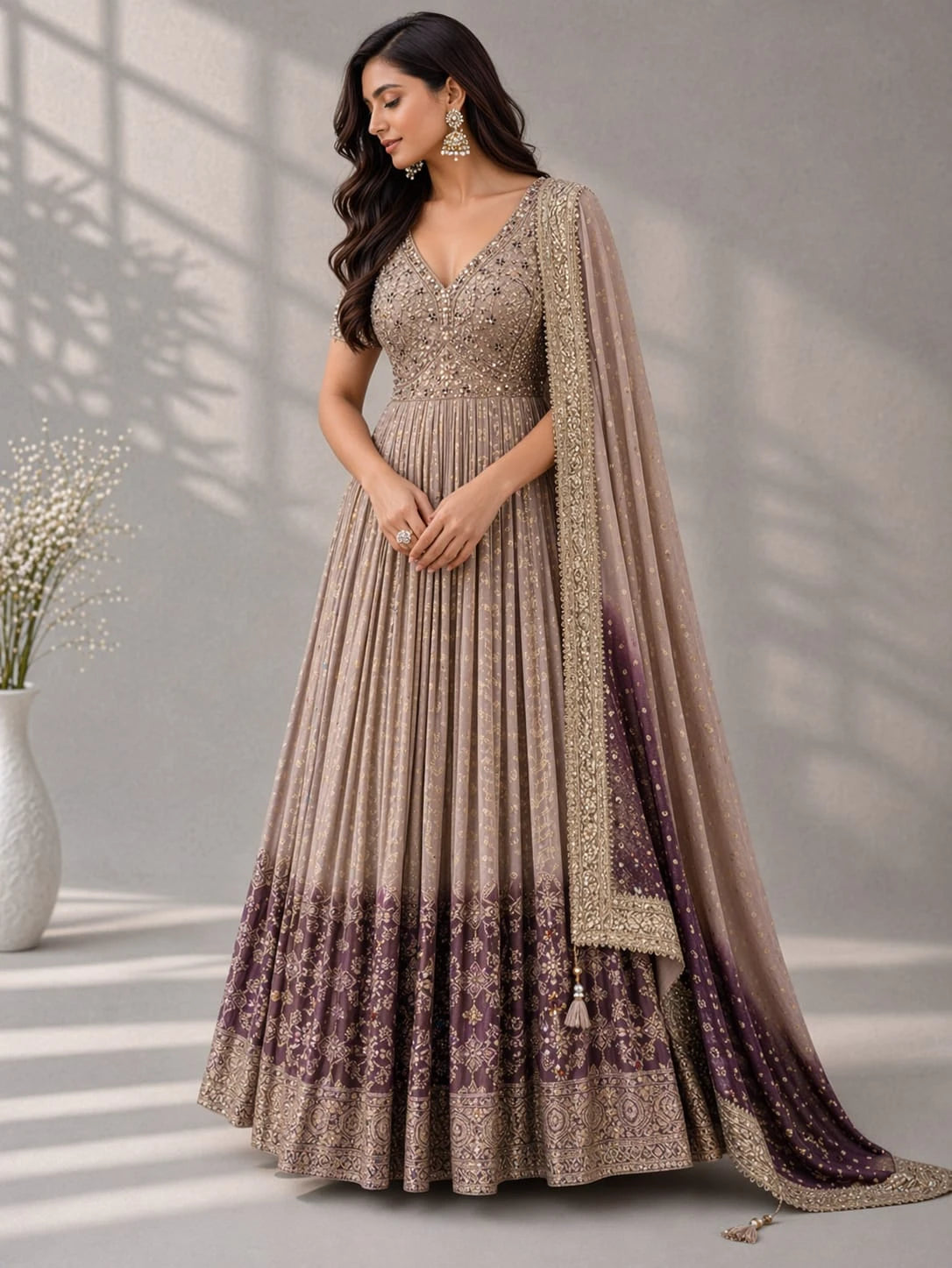 peach embellished anarkali suit