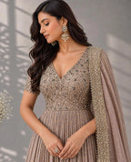 peach embellished anarkali suit