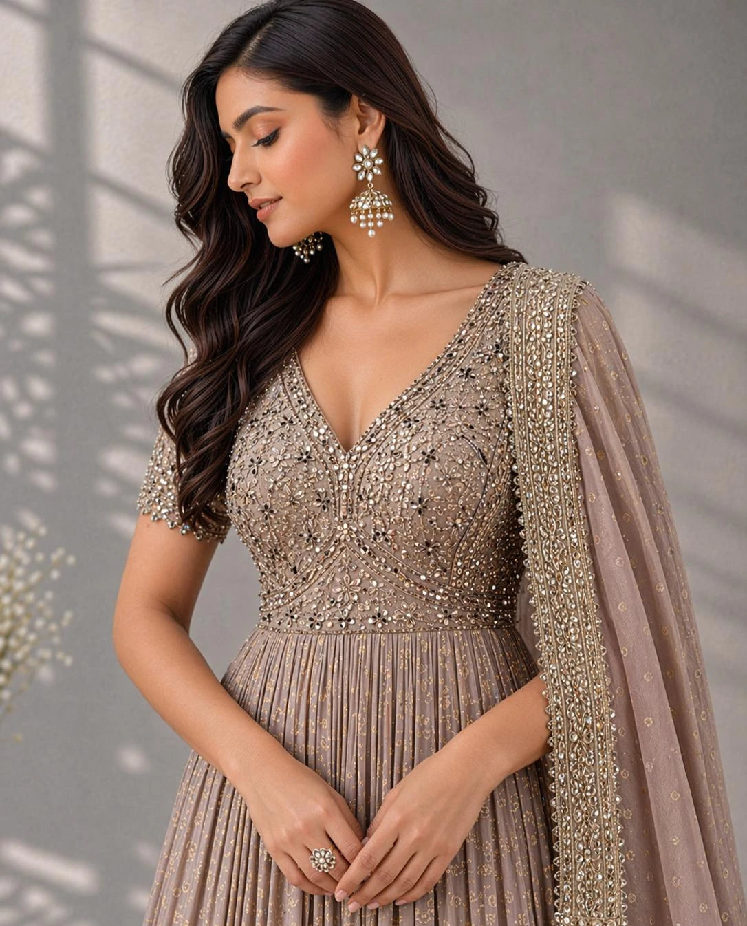 peach embellished anarkali suit