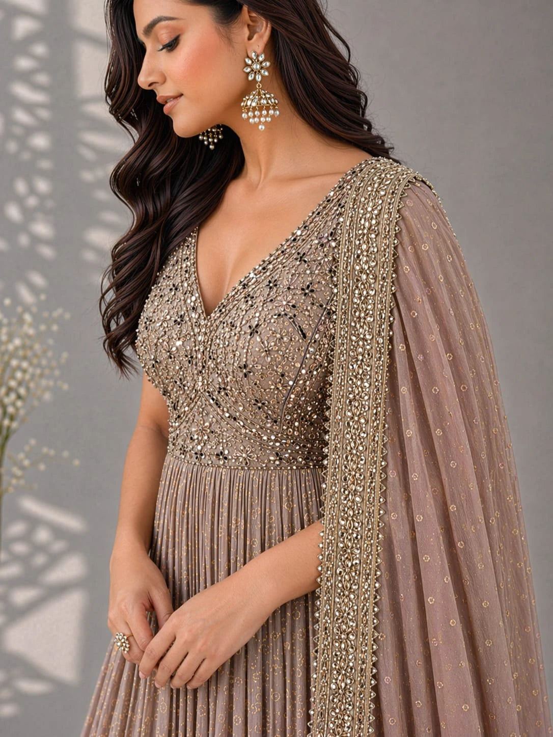 peach embellished anarkali suit