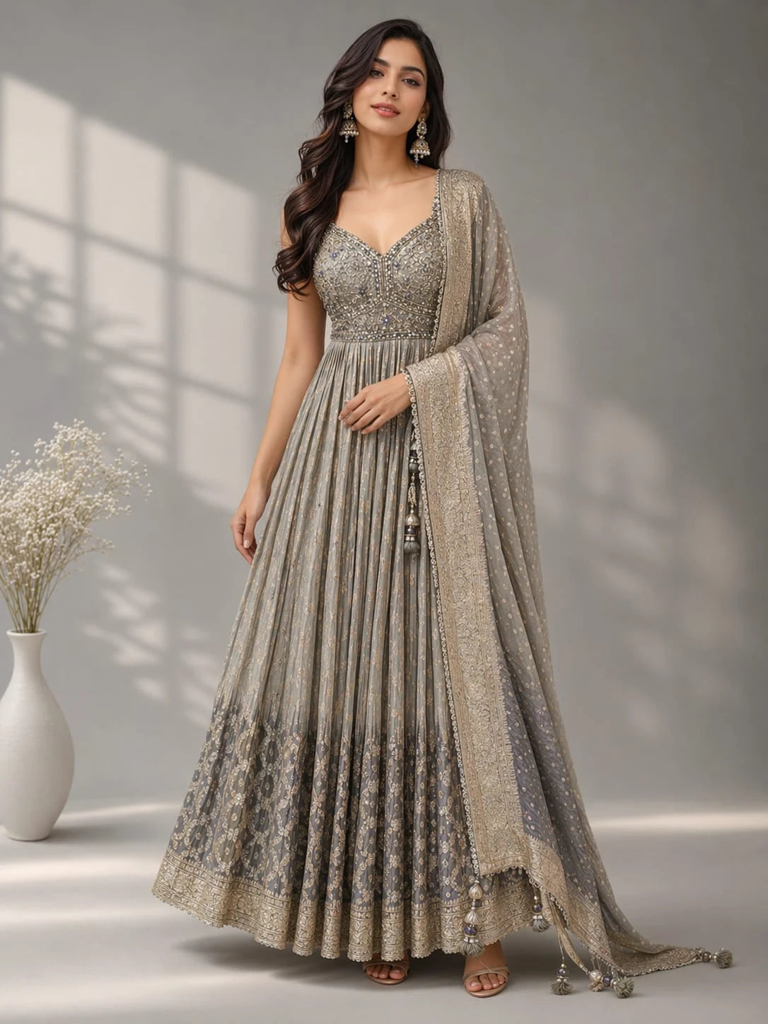 grey embellished anarkali suit
