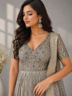 grey embellished anarkali suit