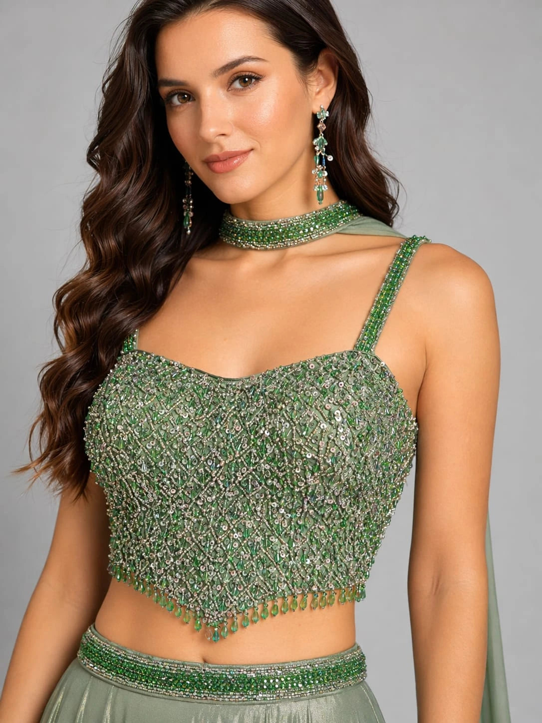 green beaded lehenga