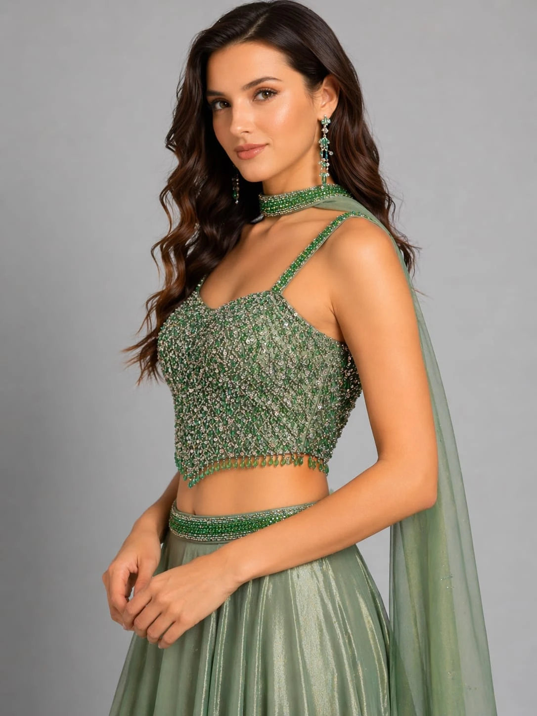 green beaded lehenga