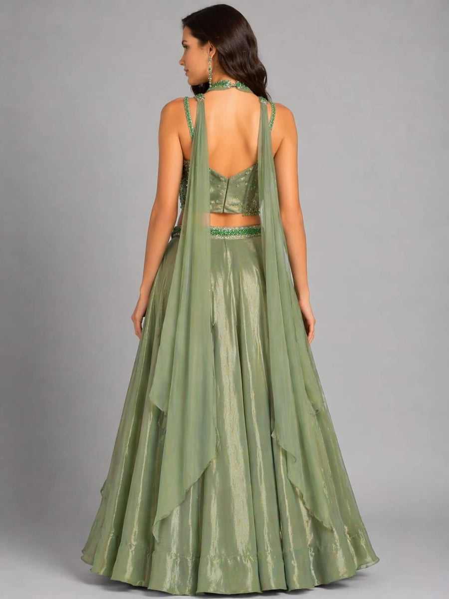 green beaded lehenga
