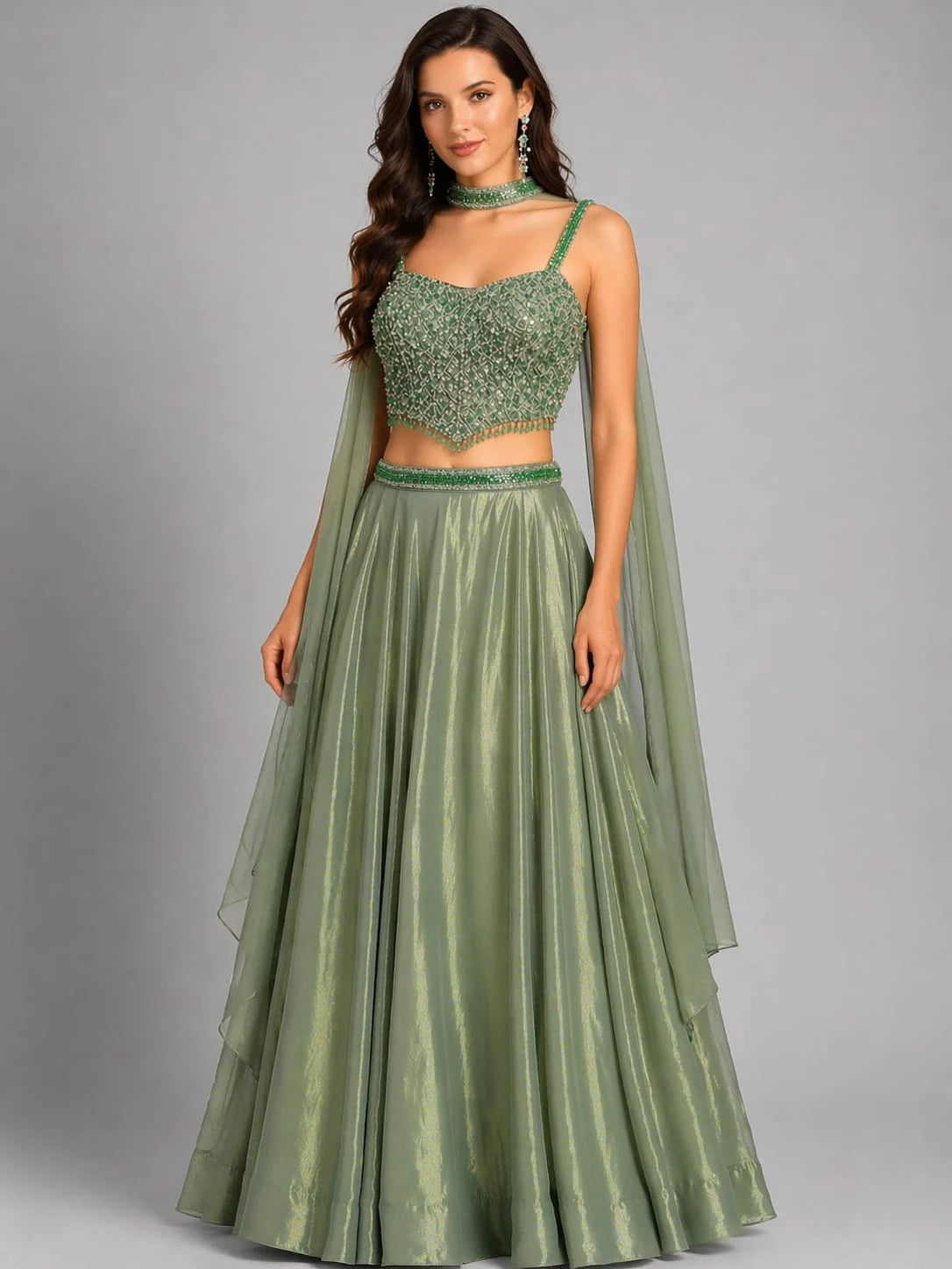 green beaded lehenga