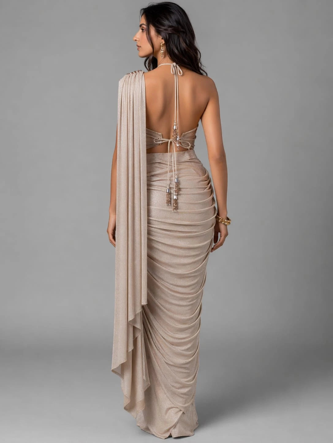 peach drape saree